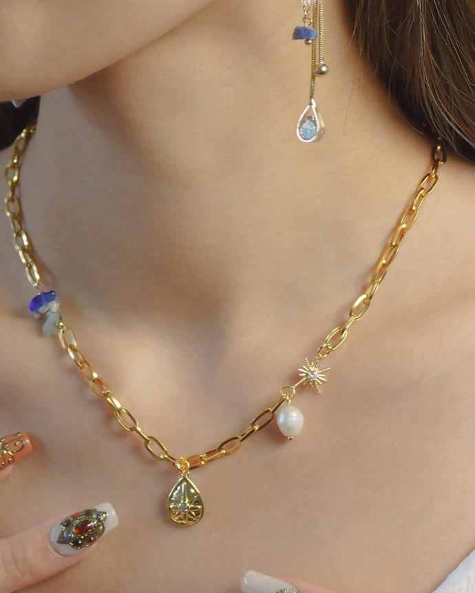 Aura - Gold Titanium Steel Pearl x Crystal Necklace