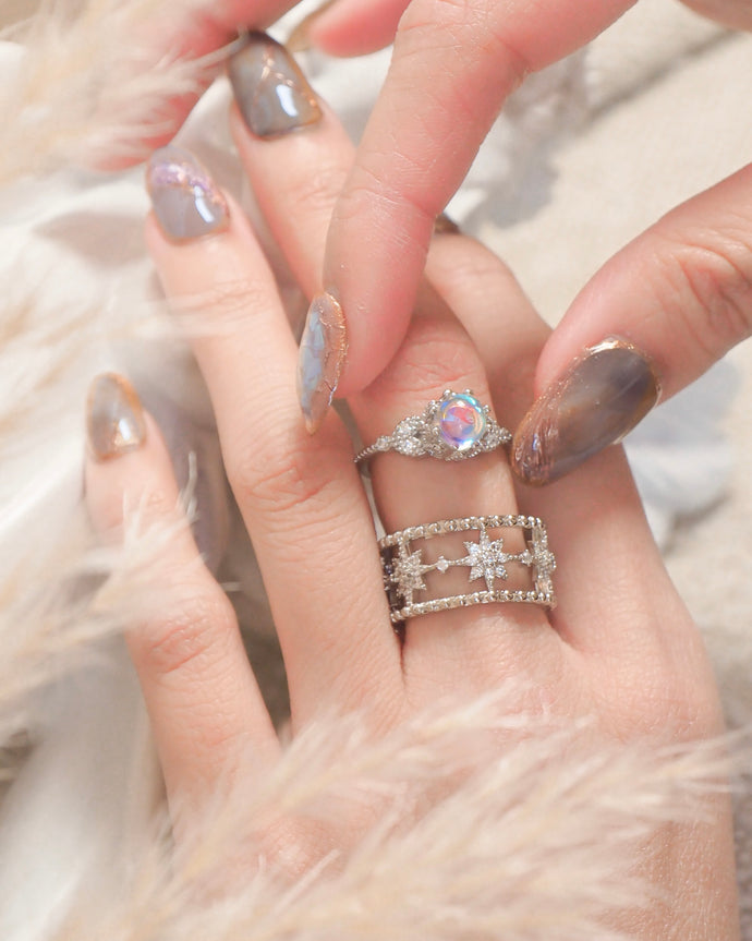 Moon Lux & 8-awn Star - Moonstone & CZ 925 Silver Rings